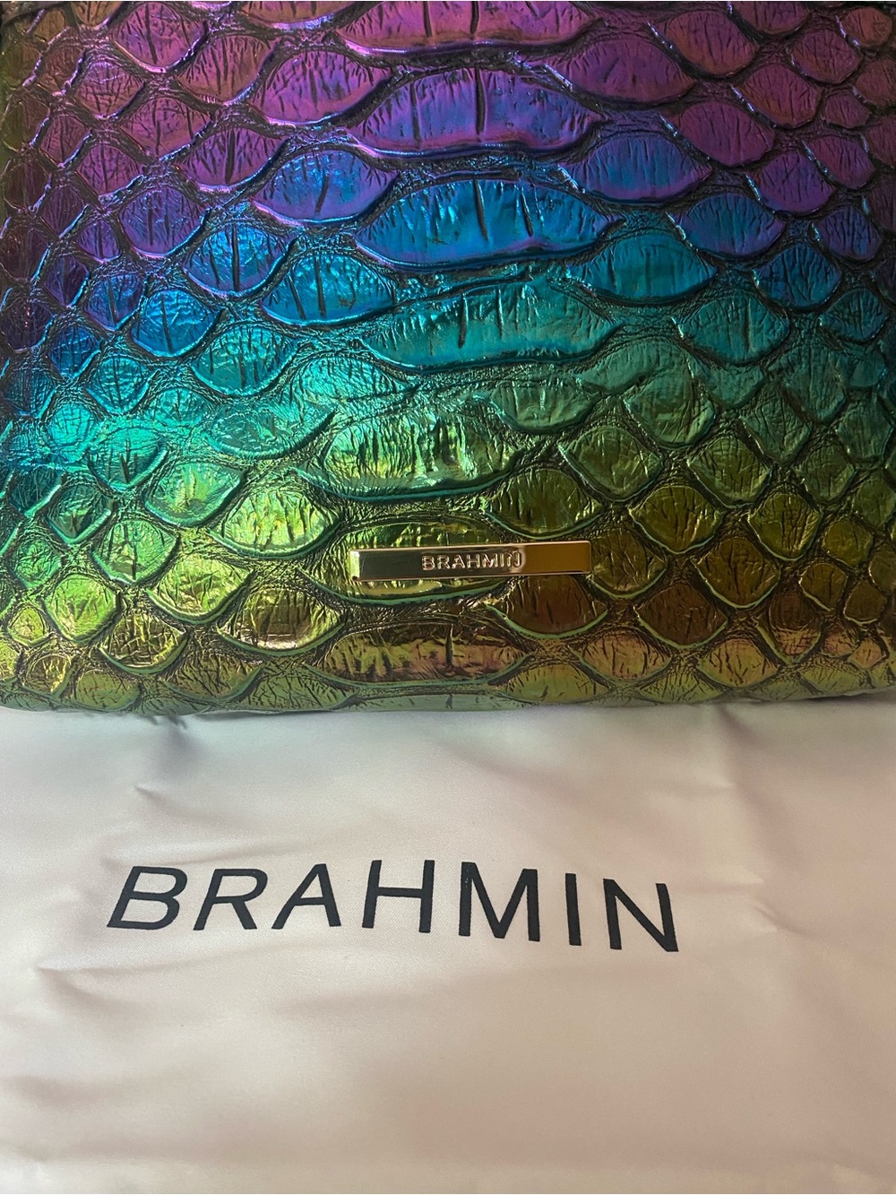 Brahmin Iridescent Embossed Leather Shoulder Bag in Green Blue Purple - Picture 10 of 10